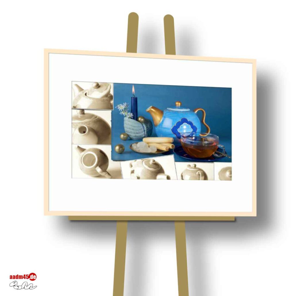 Teekomposition Blaue Kanne mit Kerze 71x56 cm FineArtPrint + Glasrahmen