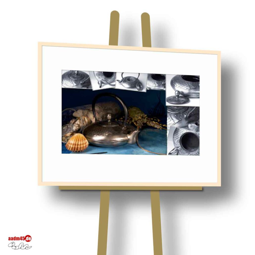 Teekomposition Fisch und Muscheln 71x56 cm FineArtPrint + Glasrahmen