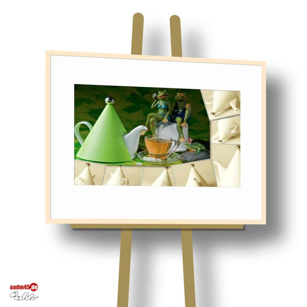 Teekomposition Frösche 71x56 cm FineArtPrint + Glasrahmen