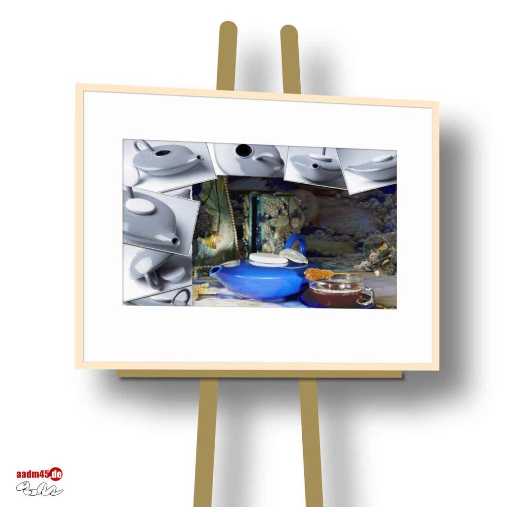 Teekomposition Muscheln & Muschelkasten 71x56 cm FineArtPrint + Glasrahmen
