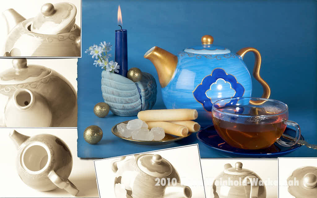 Wandbild Fotografie Teekomposition blaue Kanne mit Kerze