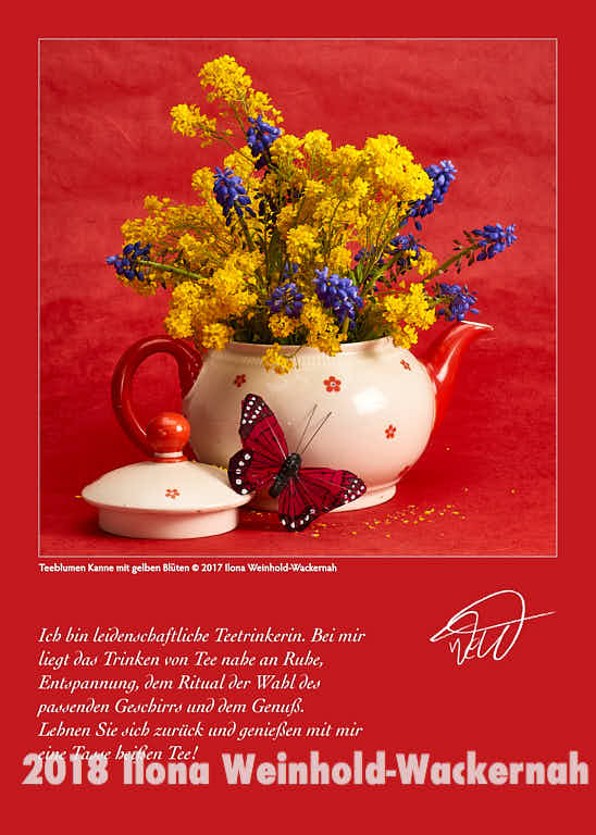 Postkarte Kunst Teeblumen Kanne mit gelben Blüten © 2017 Ilona Weinhold-Wackernah