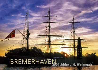 Postkarte Bremerhaven Segler im Sonnenuntergang © 2004 Adrian J.-G. Wackernah