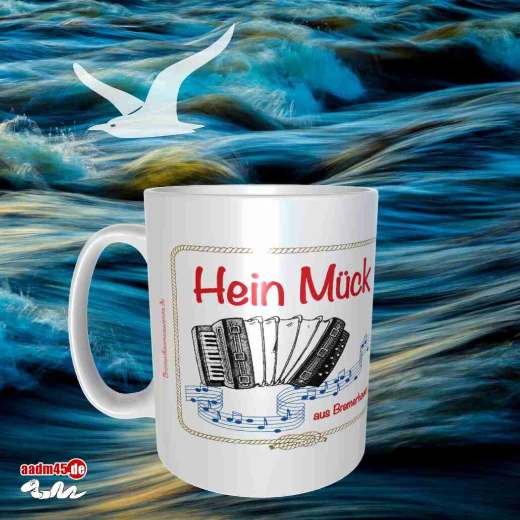 Hein Mück aus Bremerhaven mit Akkordeon Kaffeepott