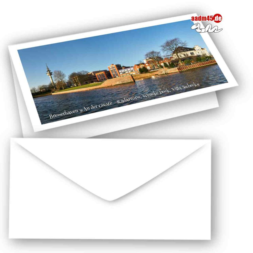 Bremerhaven An der Geeste – Radarturm, Wencke Dock, Villa Seebeck Fotokarte DINlang mit Kuvert